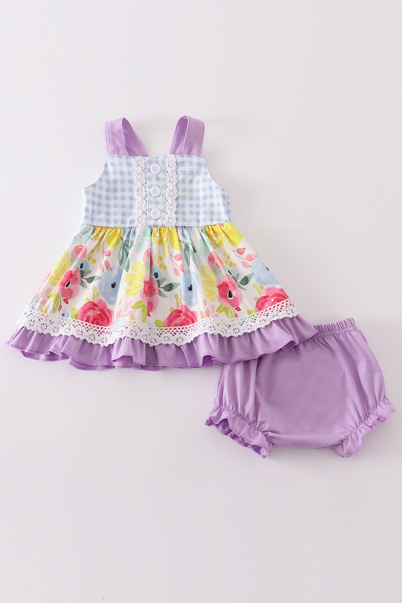 Purple floral print baby set