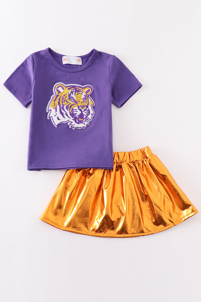 L*S*U* Purple gold tiger sequin laser skort set