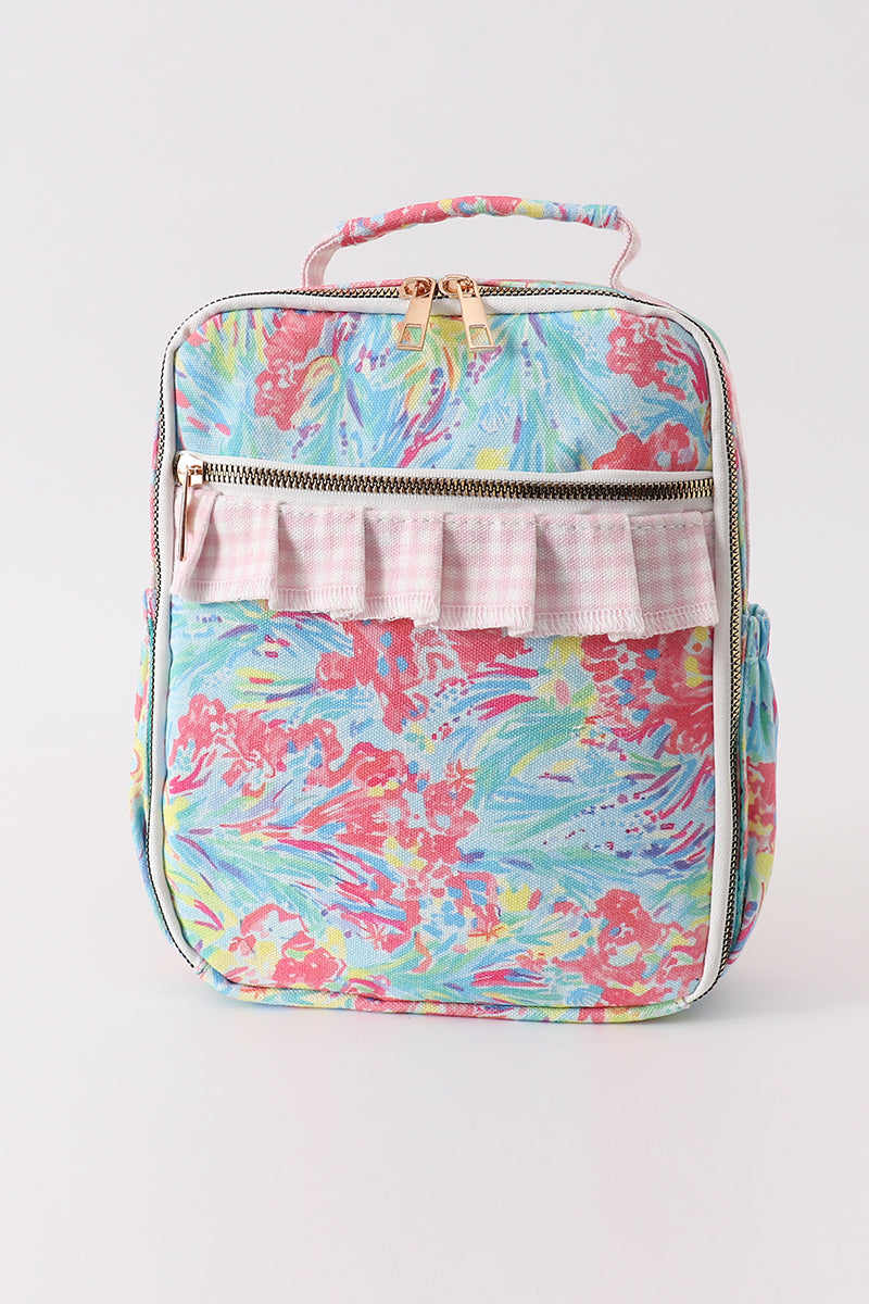 Green floral ruffle lunch bag