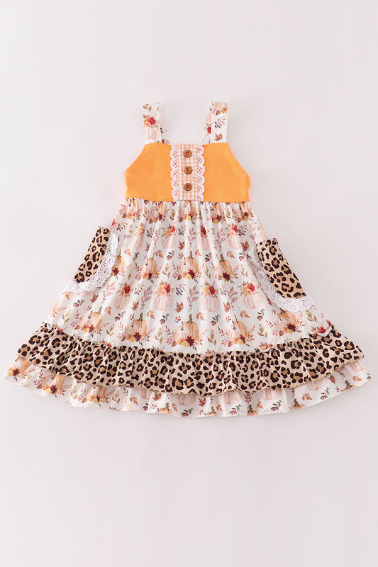 Orange pumpkin leopard ruffle dress