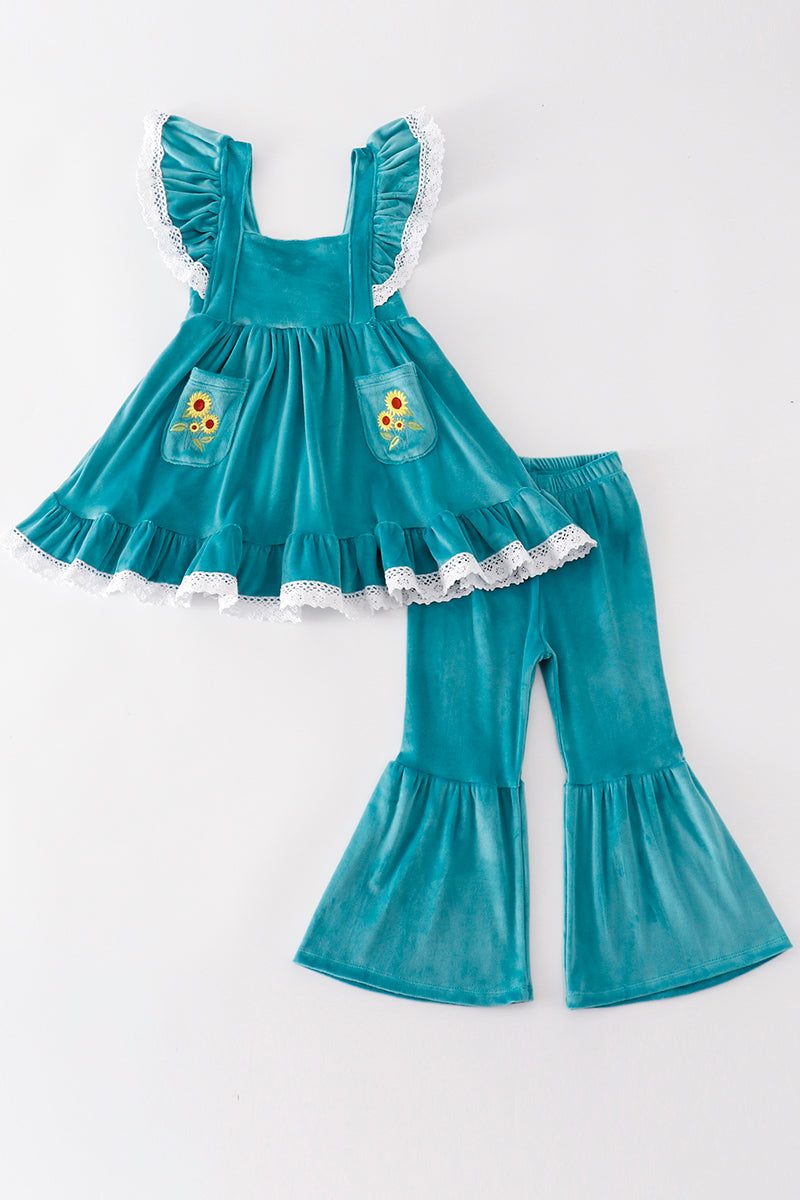 Blue velvet sunflowers embroidery girl set