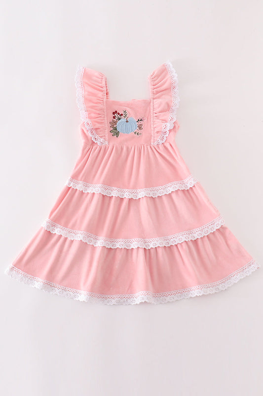 Pink velvet pumpkin embroidery tiered dress