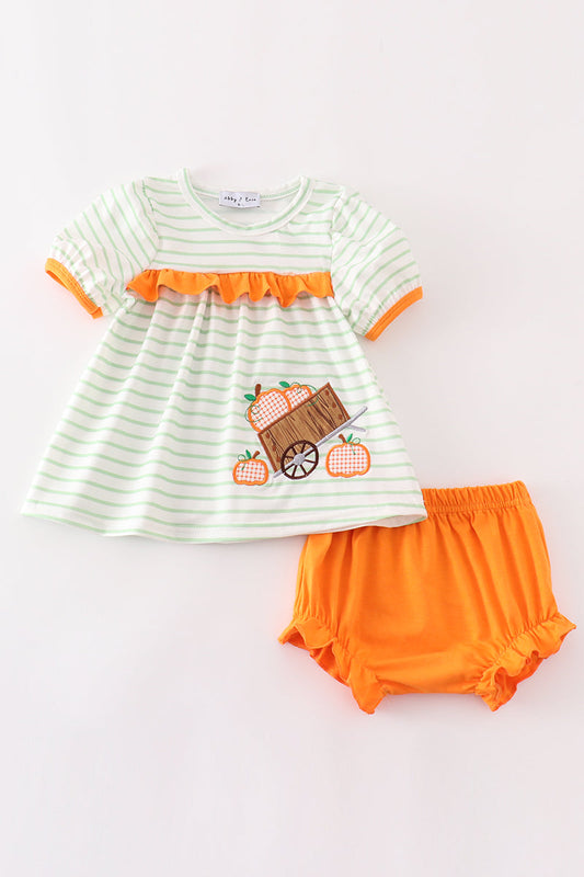 Orange wheelbarrow pumpkin applique baby girl set