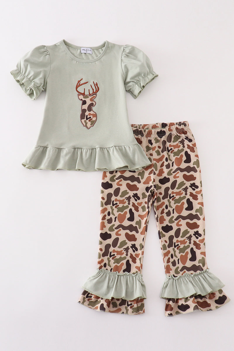 Green camouflage deer applique girl pants set