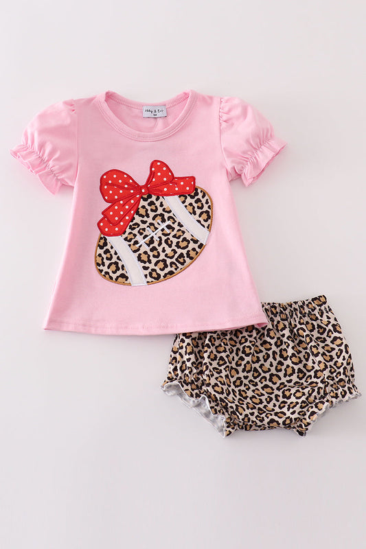 football Pink leopard applique baby girl set