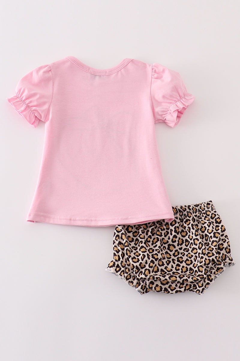 football Pink leopard applique baby girl set