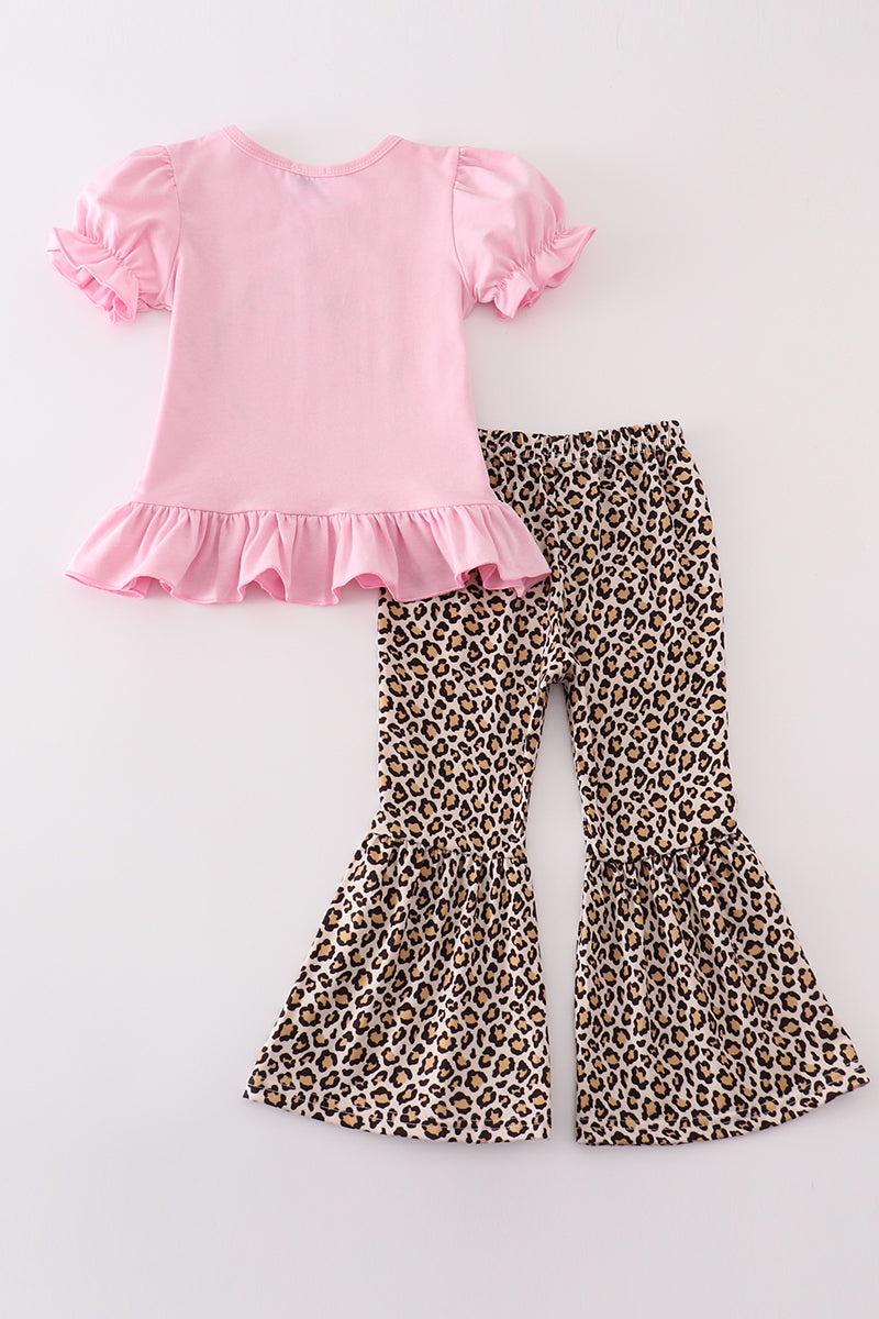 football Pink leopard applique girl set