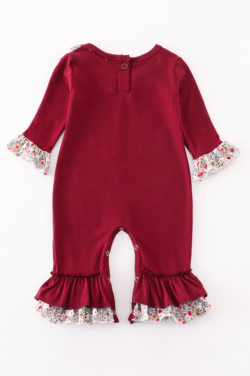 Maroon thanksgiving turkey applique floral girl romper