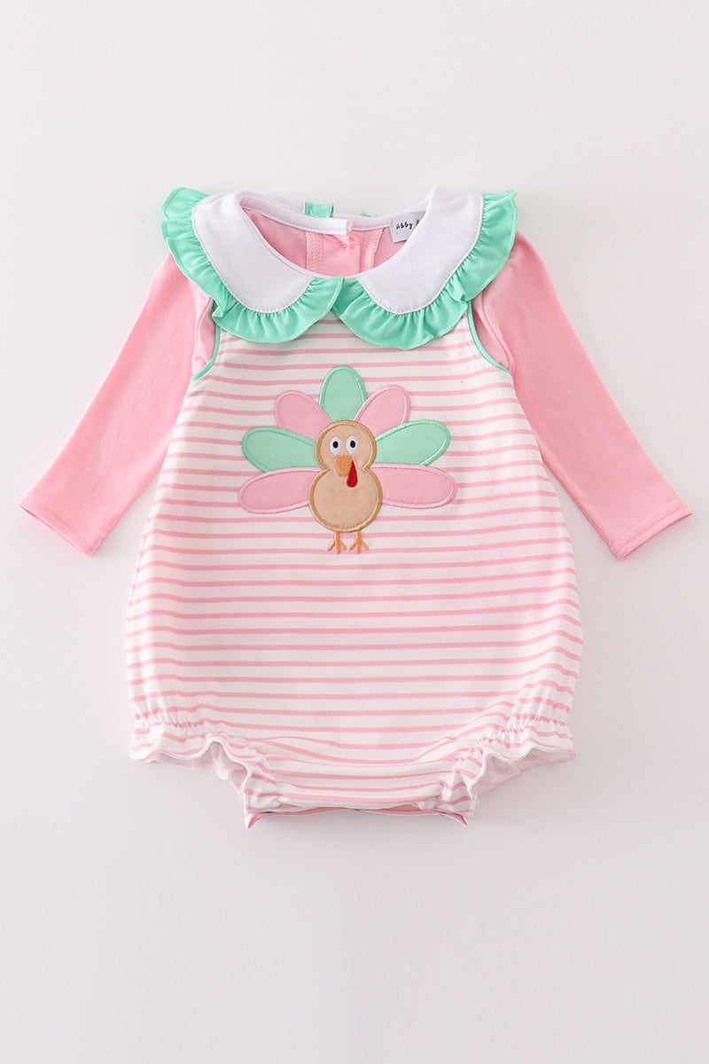 Pink stripe turkey applique 2pc girl bubble set