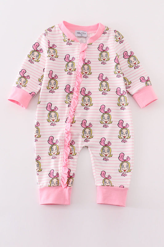 Pink stripe character print zipper girl romper *C*i*n*d*y**L*o*u**W*h*o*