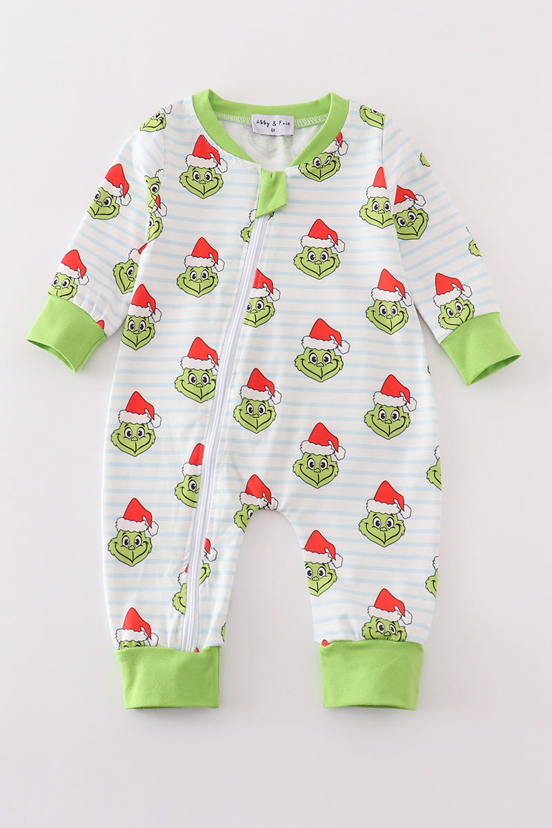 G*r*i*n*c*h* Green stripe christmas zipper boy romper