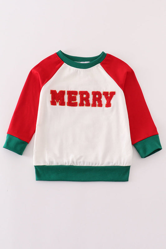 Red merry christmas french knot boy top