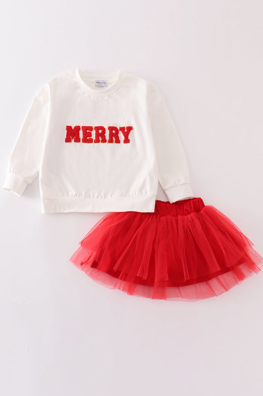 Red merry christmas french knot girl dress set