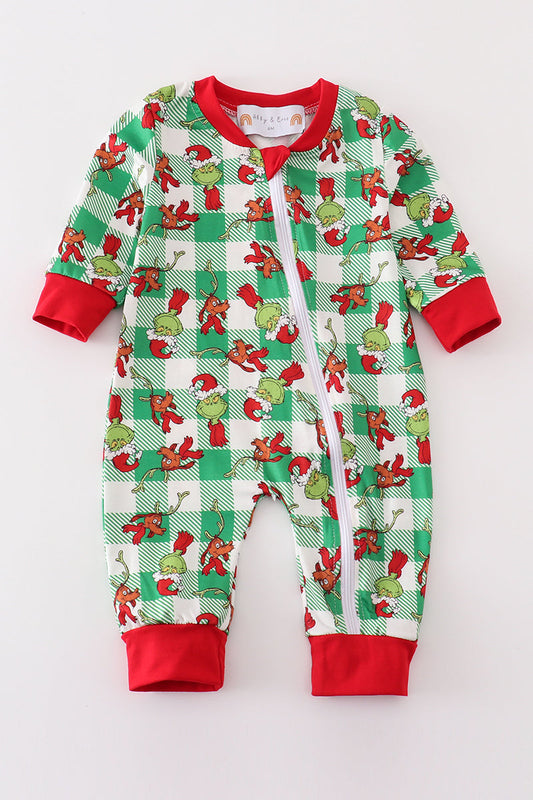 G*r*i*n*c*h* Green plaid zip boy romper