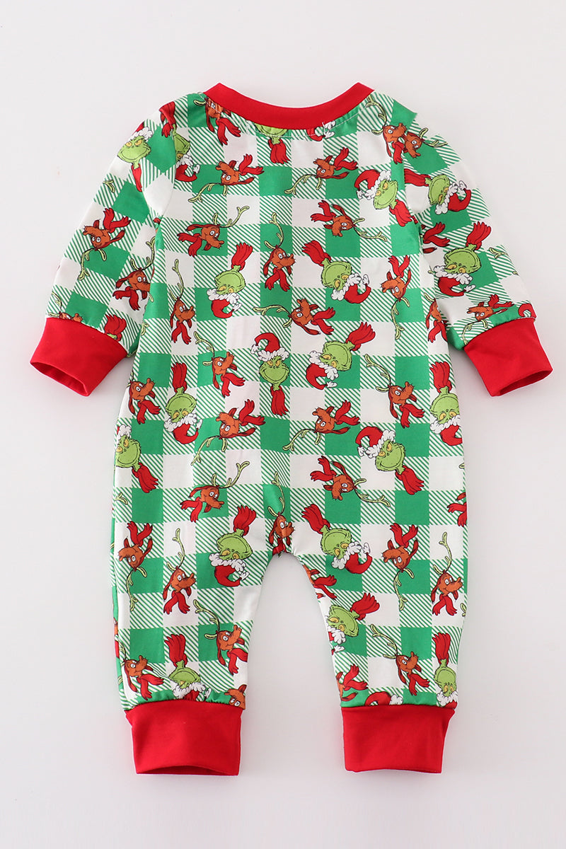 G*r*i*n*c*h* Green plaid zip boy romper