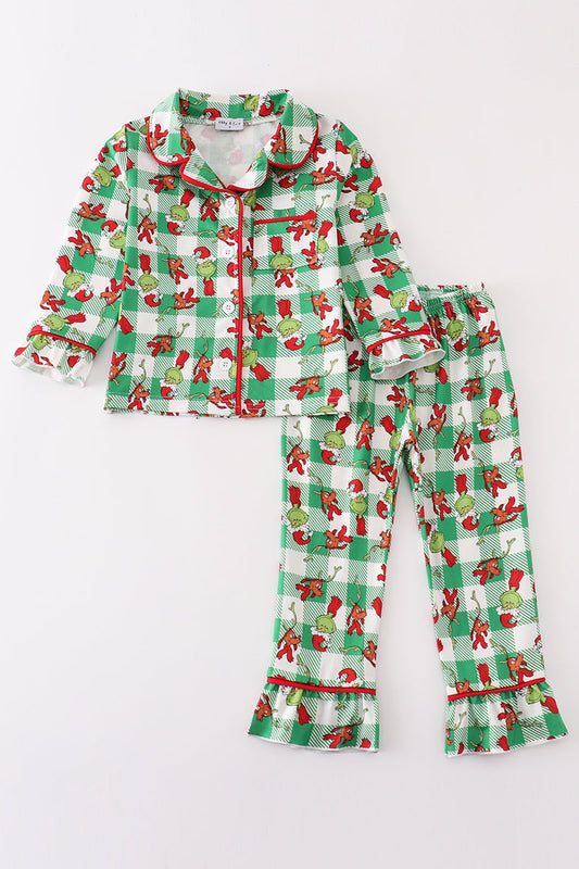 G*r*i*n*c*h* Green plaid ruffle girl pajamas set