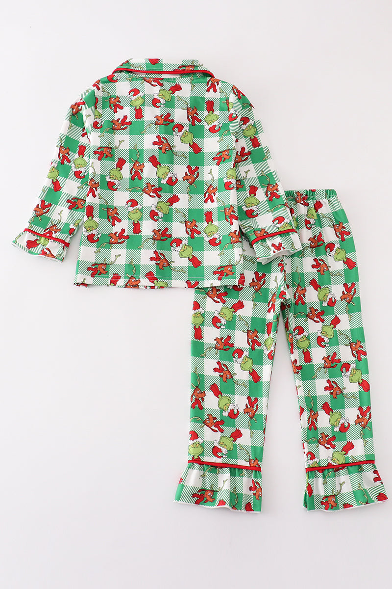 G*r*i*n*c*h* Green plaid ruffle girl pajamas set