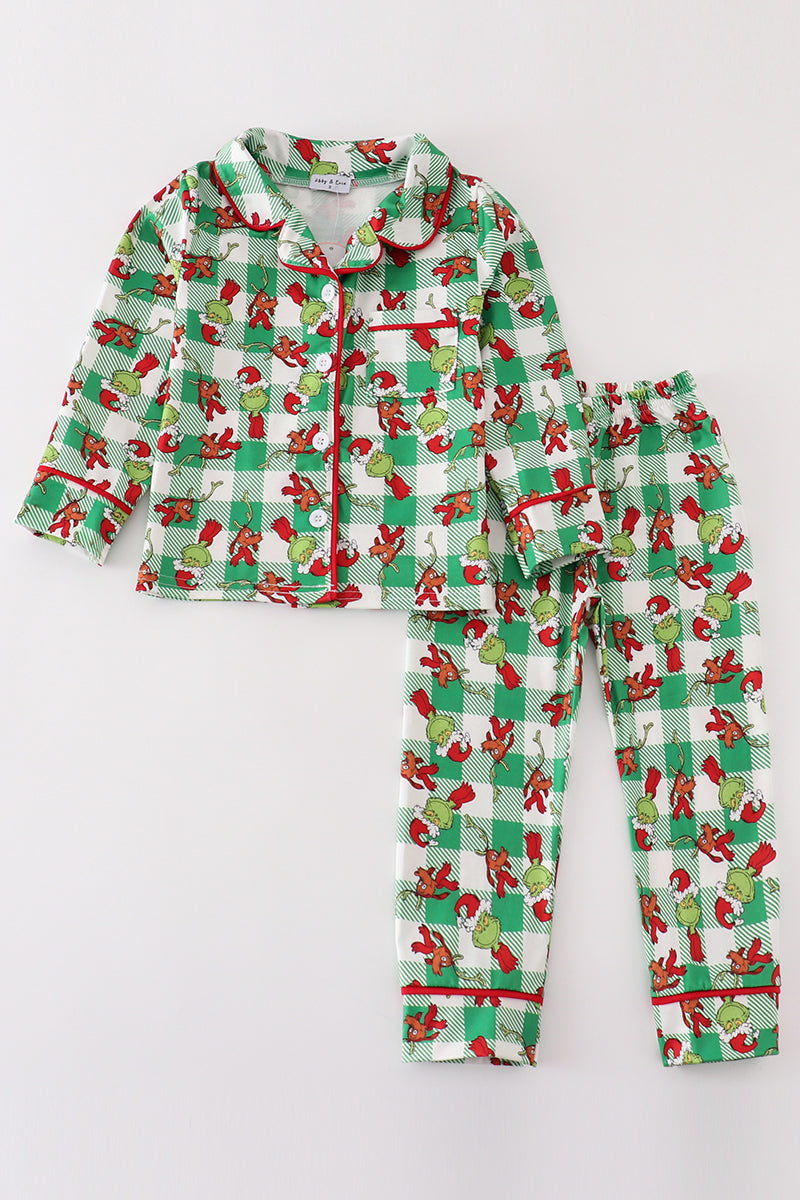 G*r*i*n*c*h* Green plaid ruffle boy pajamas set