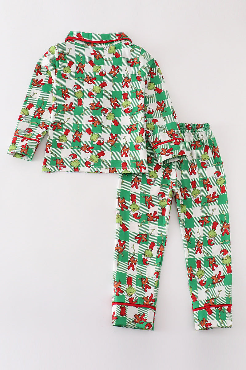 G*r*i*n*c*h* Green plaid ruffle boy pajamas set