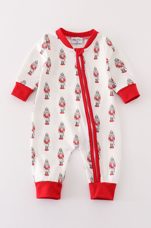 Red nutcracker print ruffle zip boy romper