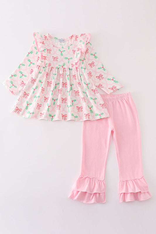 Pink christmas holly bow print girl set