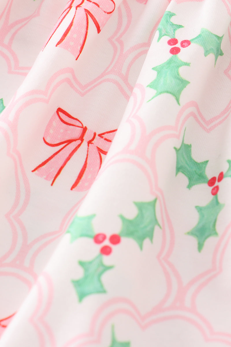 Pink christmas holly bow print girl set