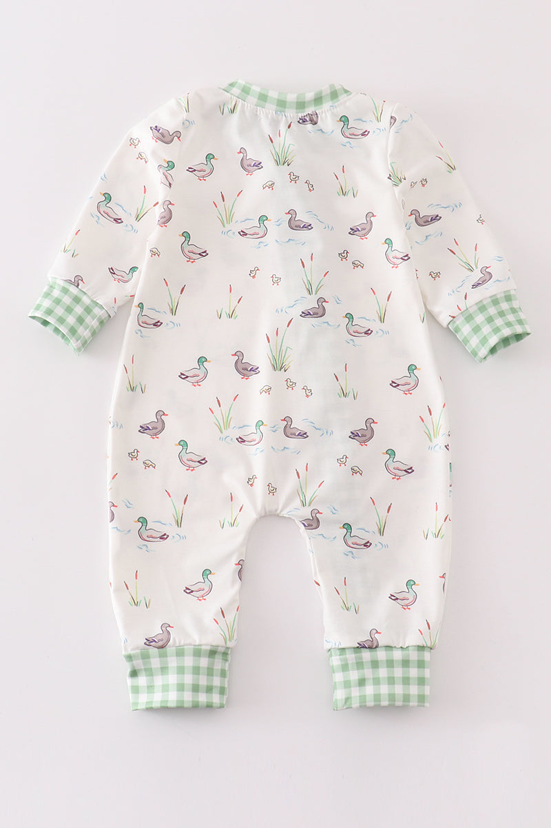 Sage duck print ruffle zip girl romper