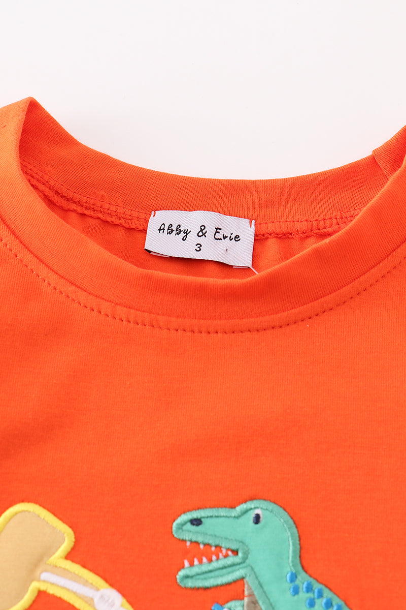 Orange dinosaur excavator applique boy top