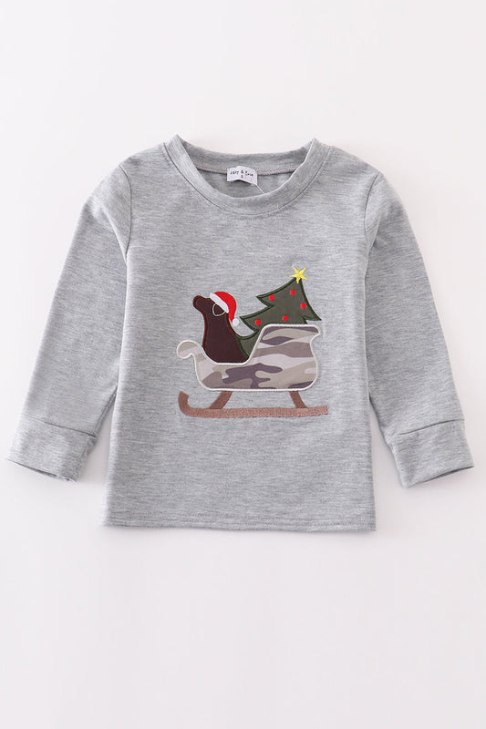 Grey sleigh christmas tree applique boy top