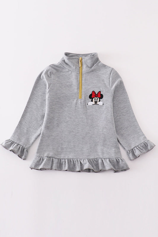 M*i*n*n*i*e* Grey character embroidery girl zipper pullover