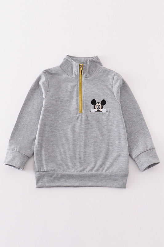 M*i*c*k*e*y* Grey character embroidery boy zipper pullover