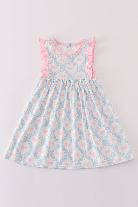 Pink bow print girl dress