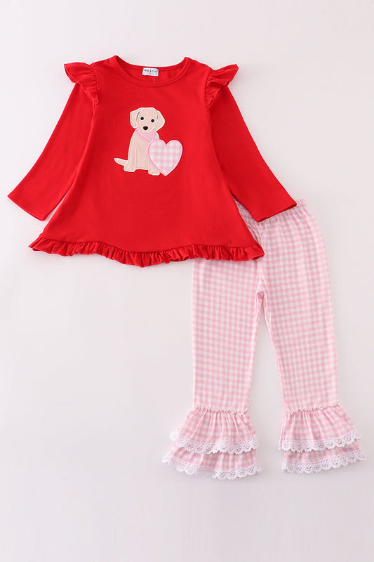 Red puppy heart applique girl set