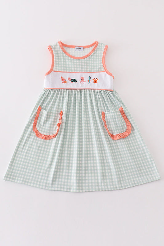 Coral & sage marine creature embroidery girl dress