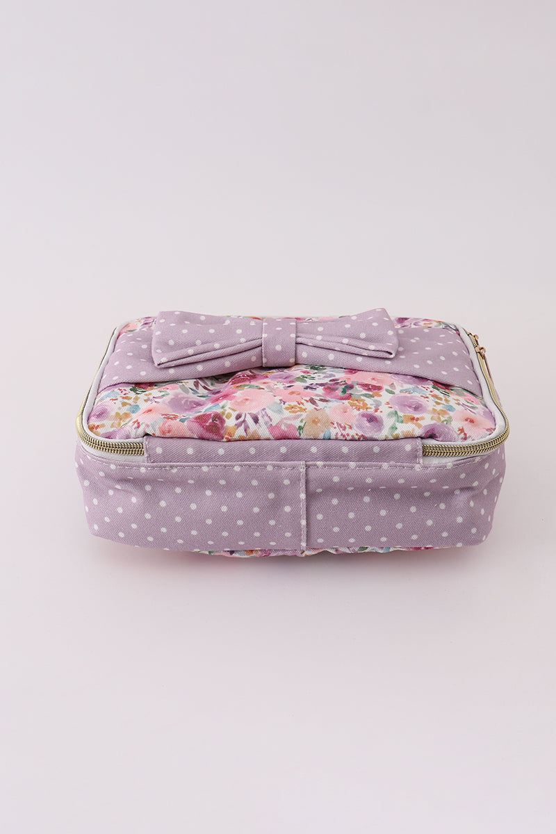 Purple floral print canvas bow lunch bag