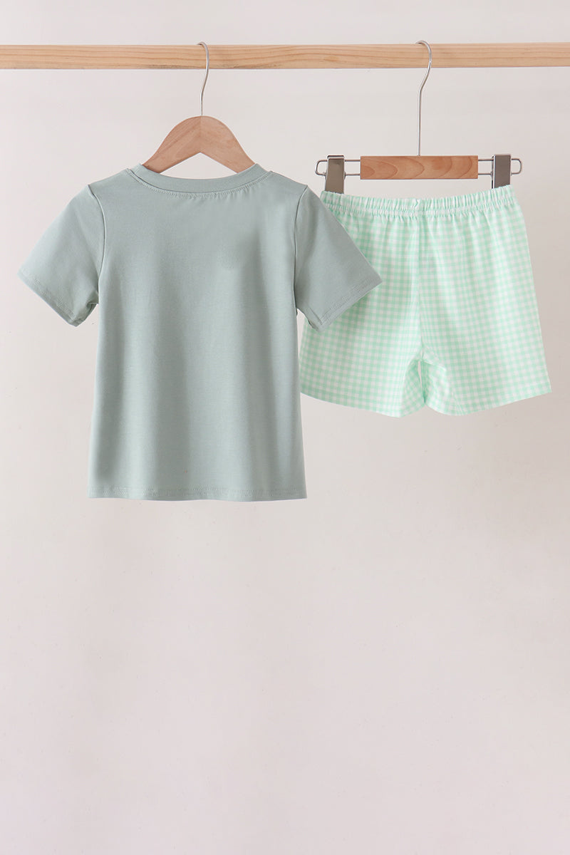 Green Pumpkin Embroidery Gingham Shorts Set