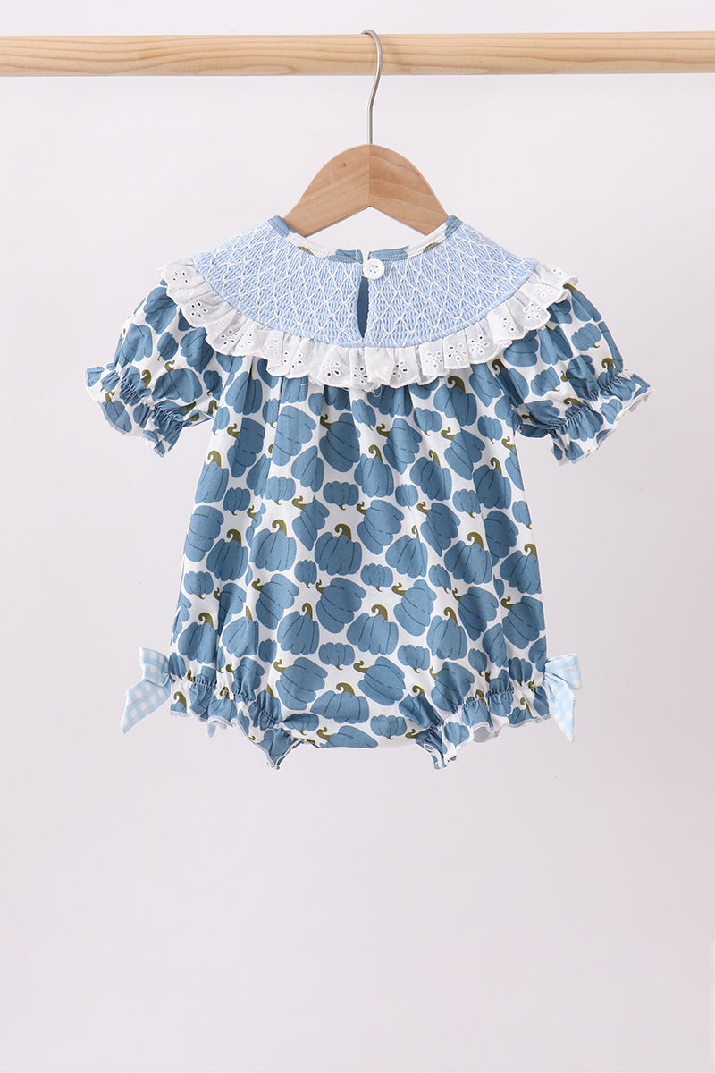 Blue pumpkin bow smocked lace bubble