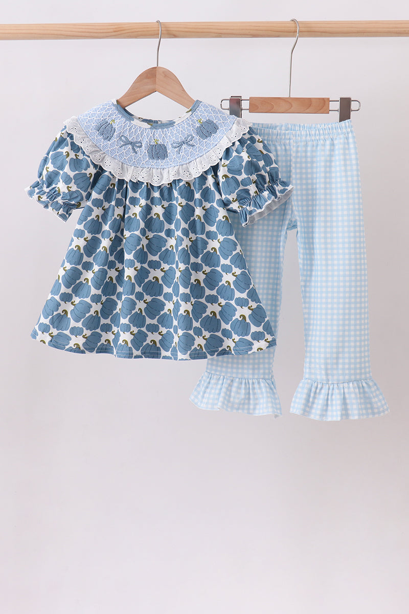 Blue pumpkin bow smocked lace ruffle pants set