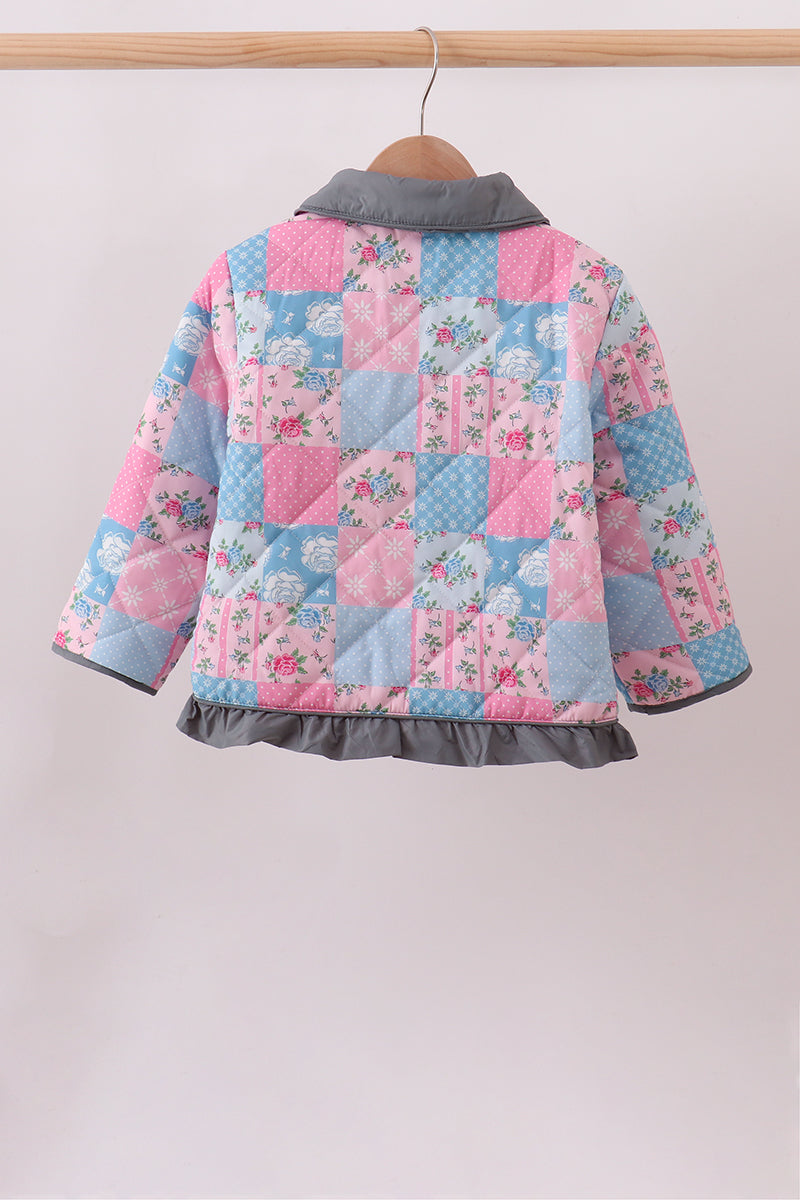 Teal Patchwork Floral Ruffle Jacket