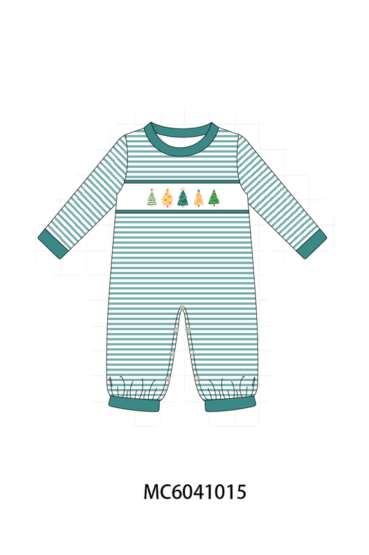 Green Christmas Tree Embroidery Stripe Romper