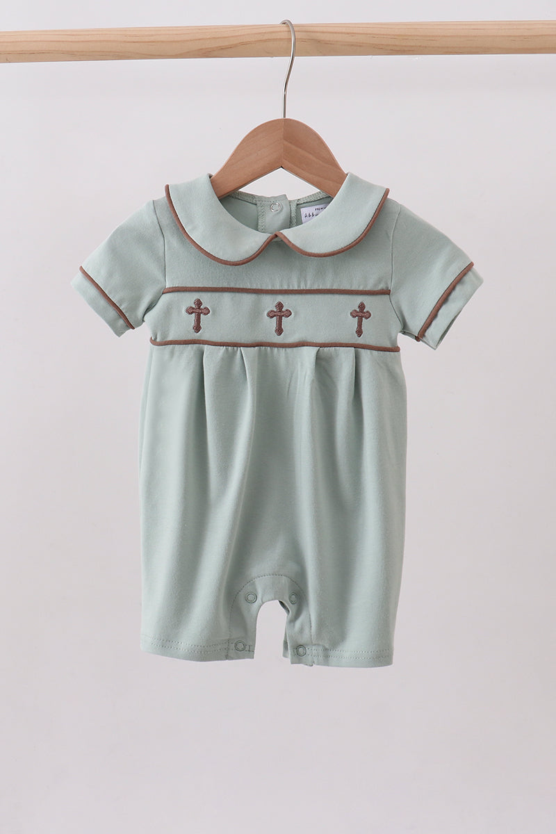 Sage cross embroidery peter pan collar romper