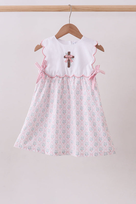 Pink cross embroidery floral bow dress