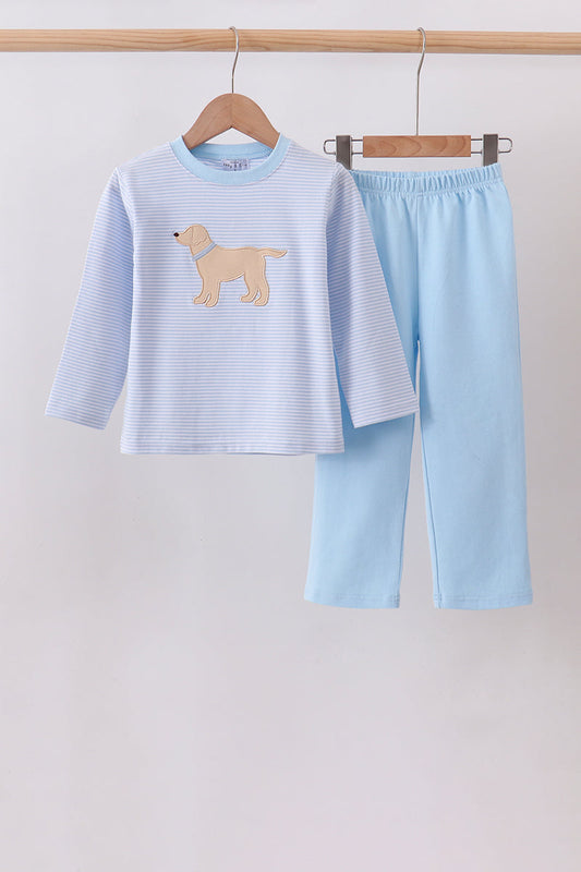 Blue stripe puppy embroidery pants set