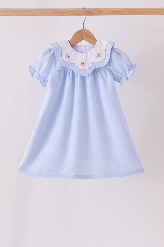 Blue turkey embroidery checkered dress