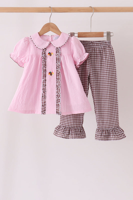 Pink turkey embroidery ruffle gingham pants set