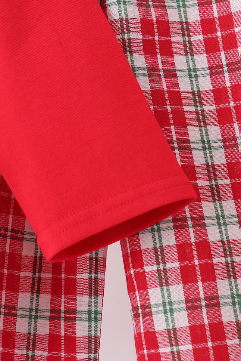 Red christmas tree truck embroidery plaid pants set