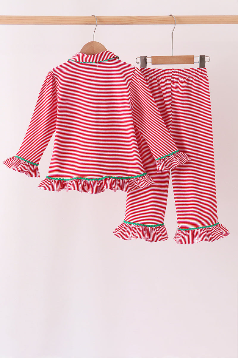 Red stripe christmas tree embroidery ruffle pants set