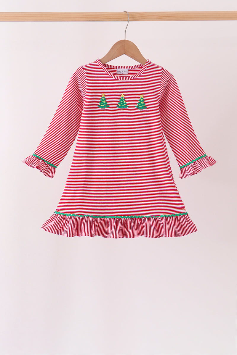 Red stripe christmas tree embroidery ruffle dress
