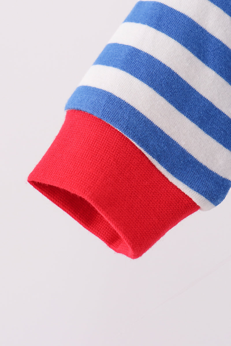 Blue stripe train gingerbread embroidery romper