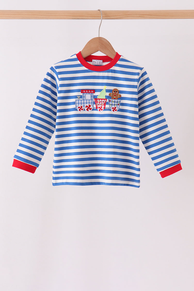 Blue stripe gingerbread embroidery top